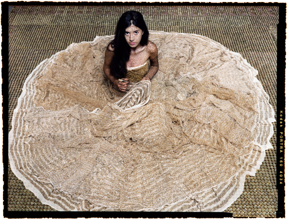 a woman sits on the floor with her gown around her in a circle. She is looking up toward the viewer with a serious expression on her face