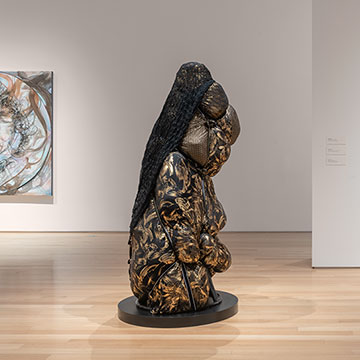A painting, sculpture and textile work by Shinique Smith at the Nerman