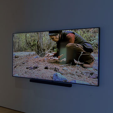 a photograph of a woman who is gardening - displayed on a screen for the Actions for the Earth Exhibition at the Nerman Museum