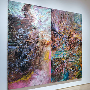 two large paintings by Gabriel Mills hang on the gallery wall at the Nerman